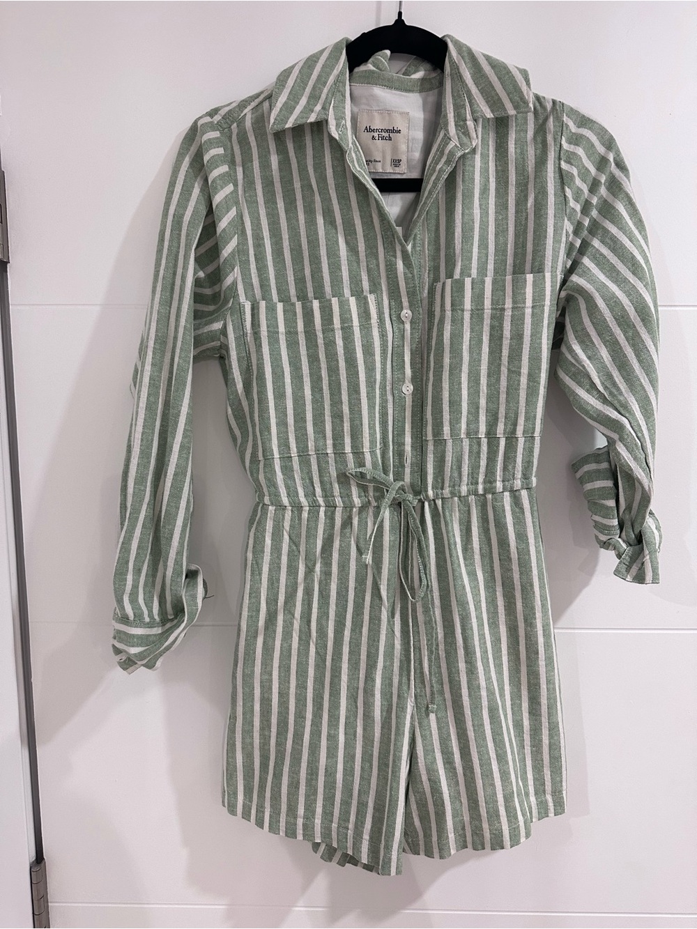 Abercrombie & Fitch Sage Green and White Striped Linen Romper